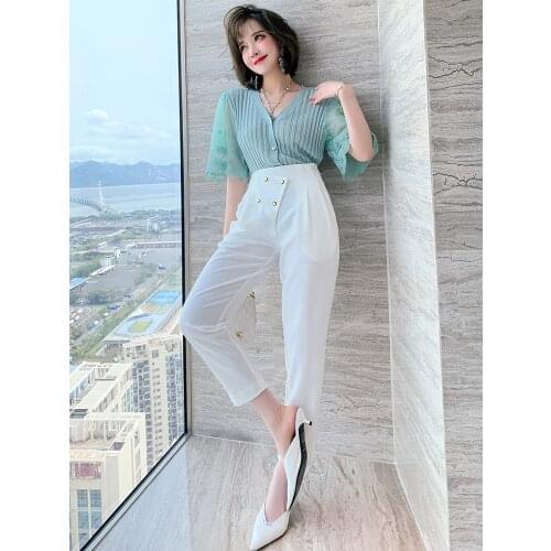 Top Quality High waist irregular stitching double breasted three dimensional pleated straight leg suit pants summer new