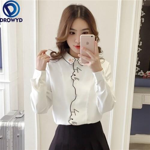 Women Blouse Shirts Embroidery Pattern White Shirts Summe Female Tops Long Sleeve Women Chiffon Shirts Female Blusas DROWYD