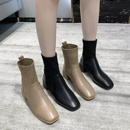 COOTELILI Women Boots Winter Warm Shoes With Plush Square Toe 5.5cm Heel Slip On Ankle Boots For Woman Femmes Fashion 35-40