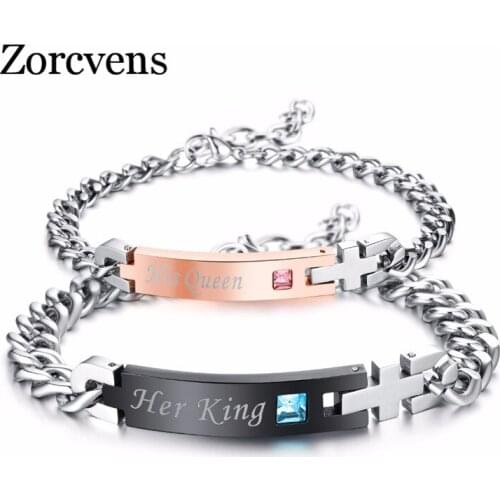 ZORCVENS New DIY Her King His Queen Wedding Bracelets Stainless Steel Crytal Crown Charm Bracelets For Women Men Drop Shipping