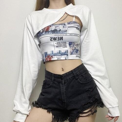 Gothic Two Pieces Sets Skinny Black O Neck Long Sleeve Women Crop Tops White T-Shirts With Print Camisole Streetwear