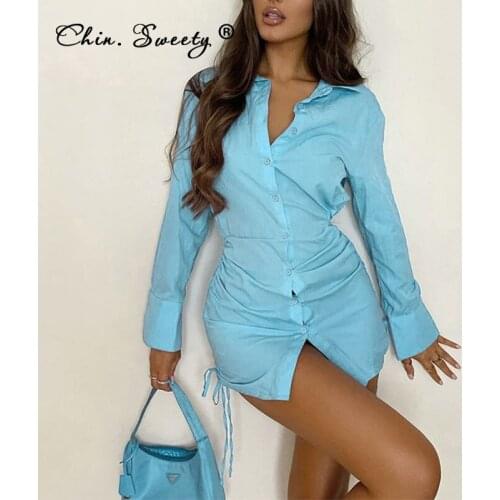 Womens Solid Long Sleeve Shirt Mini Dresses 2021 Autumn Single Breasted Drawstring Ruched Slim Dress Ladies Sexy Club Vestidos