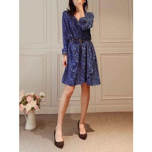 Women Dress 2020 Early Spring New Blue Leopard Print Dress V-neck Midi Dress
