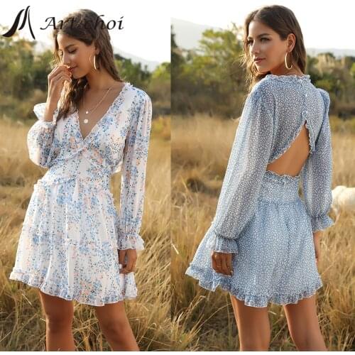 Summer Women Sexy Floral Chiffon Dress Long Puff Sleeve Ruffles Backless Boho A-line Deep V-Neck Party Ladies Shirt Plus Size