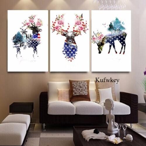 3 Pcs Modern Wall Art diamond Painting Decorative Abstract deer,flower,Home Decor deer Picture Diamond Embroidery,Diamond mosaic