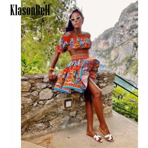 8.20 KlasonBell Fashion Off The Shoulder Flare Sleeve Print Short Shirt Blouse With High Waist Skirt Two Piece Set Women