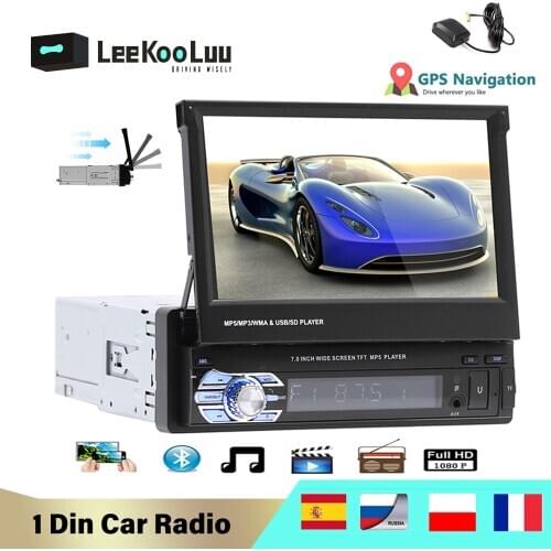 LeeKooLuu Car Radio GPS Navigation 7" Retractable Screen 1 Din Autoradio Android Mirrorlink Bluetooth FM Radio Stereo No DVD