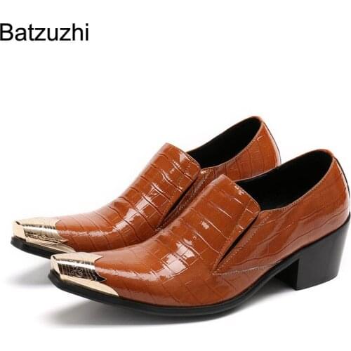 Batzuzhi 6.5cm High Heels Mens Shoes Pointed Metal Toe Genuine Leather Dress Shoes Men Brown Business, Party and Wedding