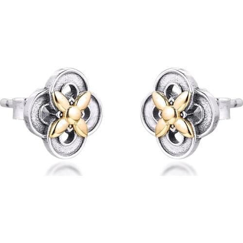 CKK Silver 925 Jewelry Two-tone Flower Stud Earrings (14K Gold) For Women Gift Sterling Original серьги