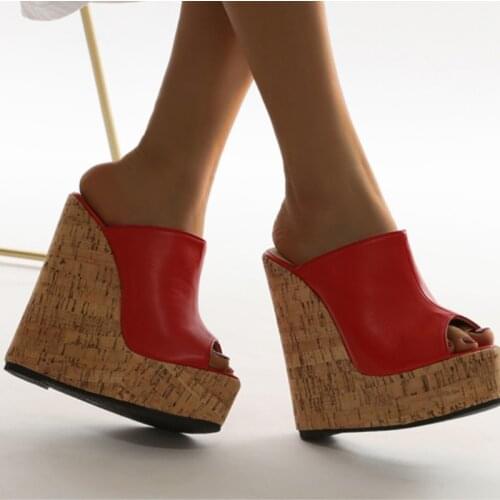 HOKSZVY Womens Shoes Sexy Super High-heeled Wedge-heeled Platform Red Womens Sandals Casual Fish Mouth Slippers CWF