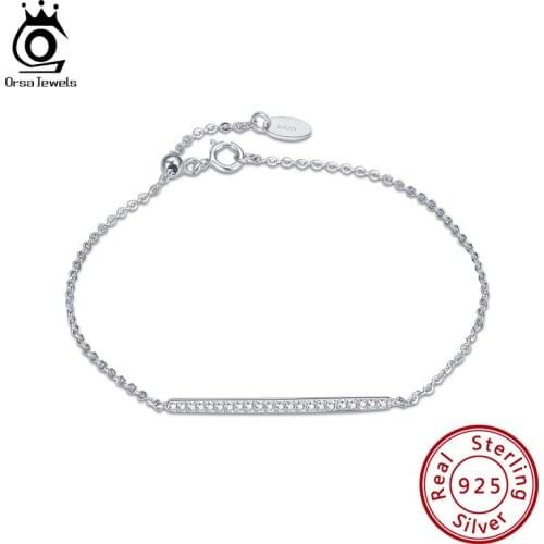 ORSA JEWELS Classical 925 Silver Adjustable Bracelet CZ Zircon Crystal Long Bar Charm Bracelet for Lady Girl Gift WholesaleOSB73