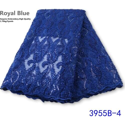Royal blue african wedding lace fabric high quality african Nigerian net lace fabric with sequins embroidery lace dress 3289b