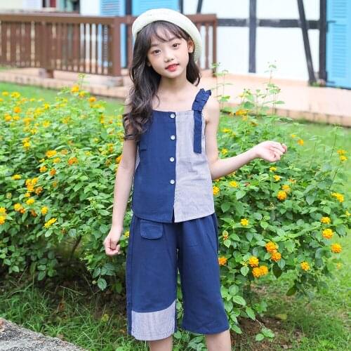 6-16 Years Kids & Teenage Girls Summer Sets Casual Suspenders Top + Wild Cropped Pants 2020 New Baby Girls Vest Set