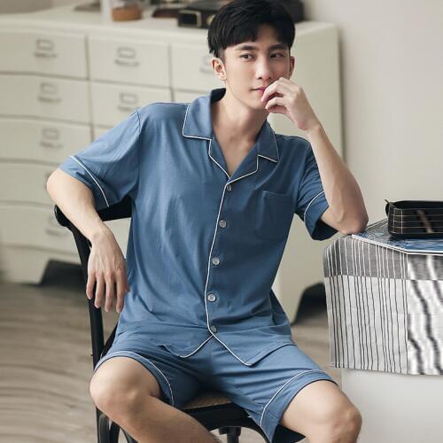 Summer Solid Pajama Set Men Lounge Sleepwear for Gentleman Pyjamas Home Clothes 2PCS Pejama Short Sleeve Leisure Wear Pijamas