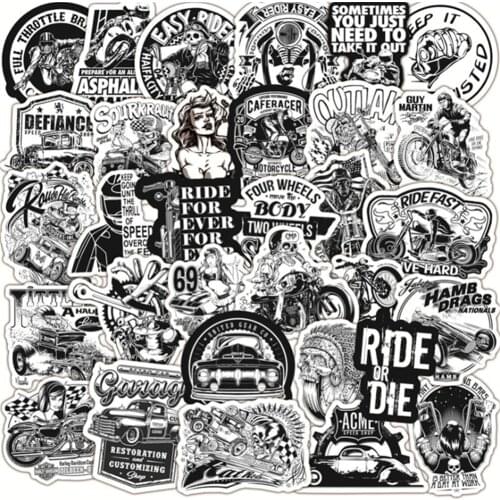 10/30/50PCS Black and White Classic Retro Car Motorcycle Graffiti Stickers Notebook Waterproof Guitar Decoration Toys Wholesale