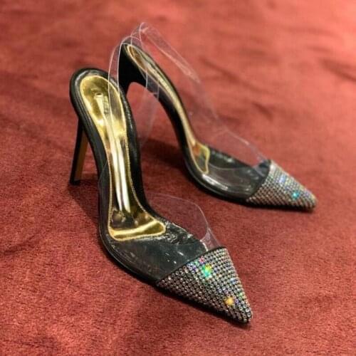 2021 New European and American Rhinestone Fairy Temperamental Pointed Transparent Stiletto Mid-Heel High Heels Pumps