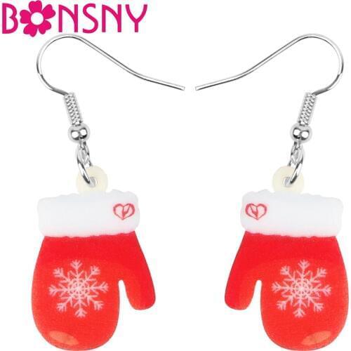 Bonsny Acrylic Christmas Snowflake Gloves Earrings Drop Dangle Decoration Jewelry For Women Girl Teen Kid Charm Gift Accessories