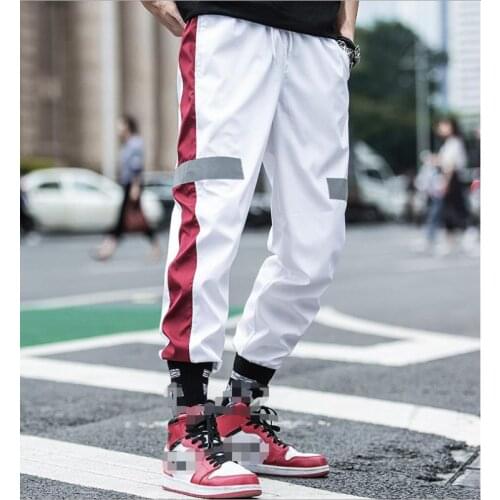 Reflective Mens Sport Pants Color Block Long Trousers with Slant Pockets Elastic Waist Loose Casual Pants Male Fitness Trouser