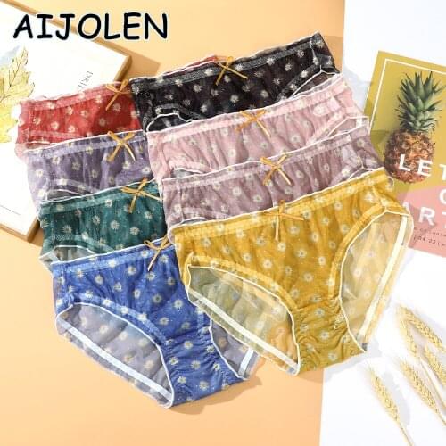AIJOLEN Sexy Mesh See-through Chrysanthemum Panties Summer Mesh Thin Ladies Underpants Sweet Little Daisy Underwear for Women