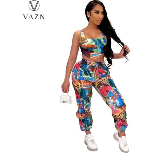 VAZN 2021 New Design Print Street Style Sexy Sleeveless Loose Print 2 Piece Set Pencil 2pcs Set Women Top And Pant Summer