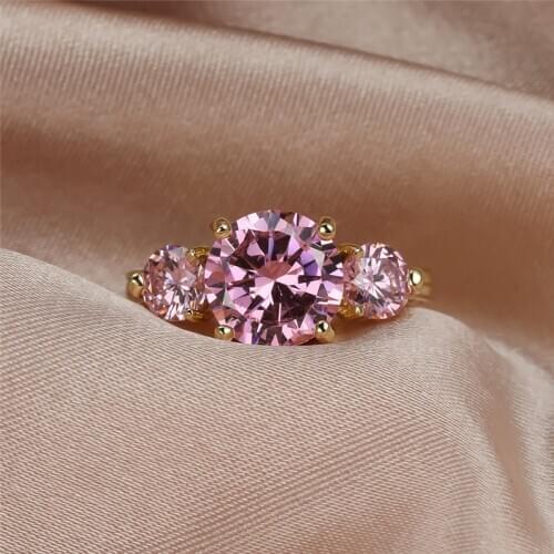 Vintage Female Pink Crystal Stone Jewelry Dainty Gold Color Wedding Big Rings For Women Cute Bride Round Zircon Engagement Ring