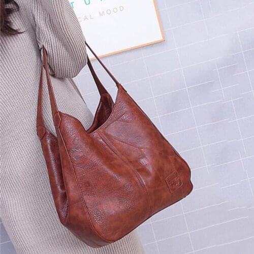 Vintage Large Capacity Shoulder Bags for Women Retro PU Leather Handbag Totes Solid Color Fashion Hand Bag Pack