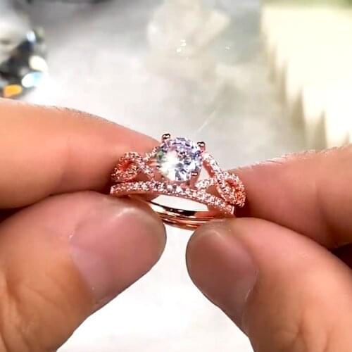 Vintage Female White Zircon Ring Set Classic Rose Gold Color Thin Engagement Ring Charm Crystal Round Wedding Rings For Women