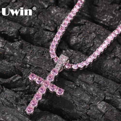 UWIN Fashion 4mm Pink CZ Tennis Chain With Cross Pendant Necklace Full Iced Cubic Zirconia Women Hiphop Jewelry Gift
