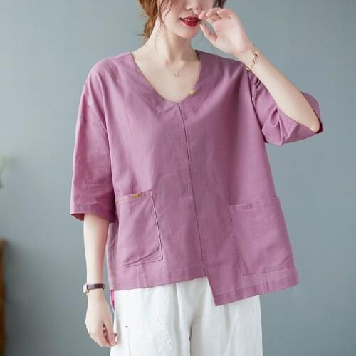 Women Cotton Linen Casual T-shirts New 2021 Summer Vintage Style V-neck Solid Color Loose Female Half Sleeve Tops Tees B652