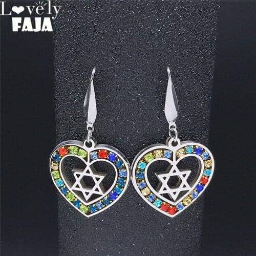 2021 Crystal Stainless Steel Heart Hexagram Drop Earrings for Women Dangle Earrings Jewelry acero inoxidable joyeria mujer E4820