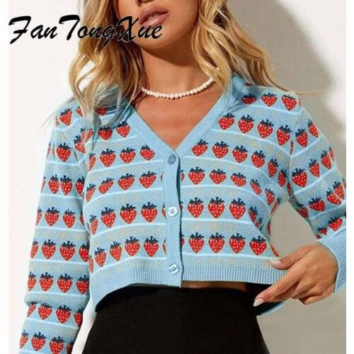 Cropped Sweater For Women Strawberry Print Button Vintage Short Cardigan Women Straight Long Sleeve V Neck Fashion Mini Jumpers