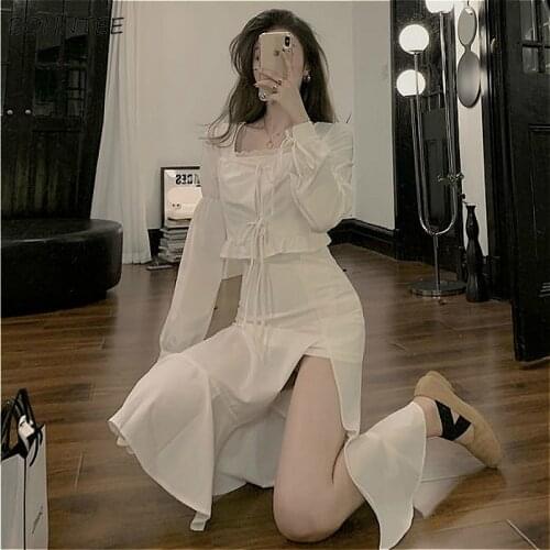 Dress Women White Midi Lace Design Trendy Temperament Ulzzang Long Sleeve Newly Clothing Female Elegant Classy Vestido Mujer Ins