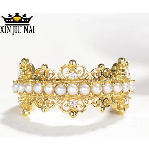 2020 New Light luxury elegant line trendy wild hollow crown inlaid with pearl ring diamond rings for women 14k gold jewelry