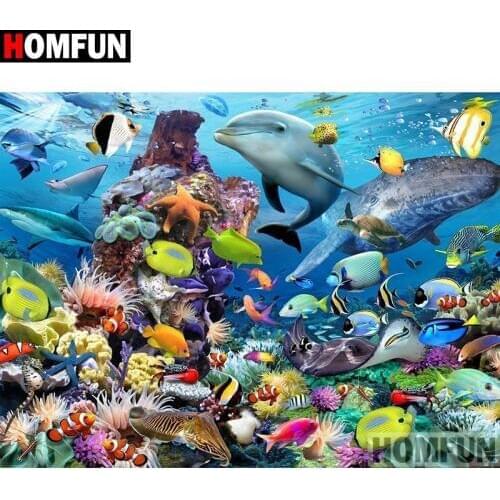 HOMFUN 5D DIY Diamond Painting "Animal dolphin fish" Full Drill Resin Diamond Embroidery Cross Stitch Home Decor A00414