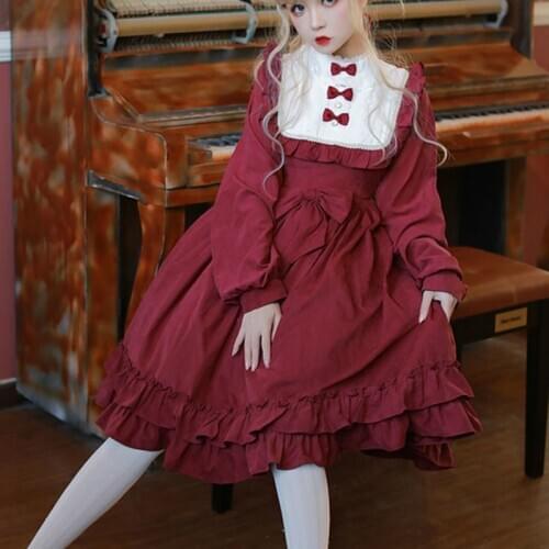 Japanese Victorian Elegant Red Lolita Dress Women Vintage Sweet Kawaii Fairy Loli Temperament Dress Girsl Student Princess Dress