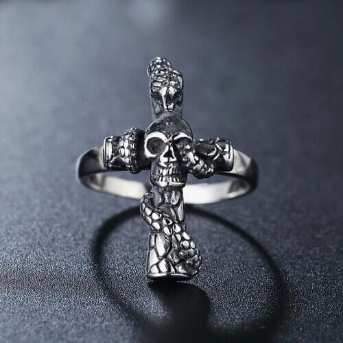 Gothic Cross Cobra Skull Ring Mens Women 316L Stainless Steel Cross Biker Ring Unisex Punk Hip Hop Jewelry Dropshipping Store