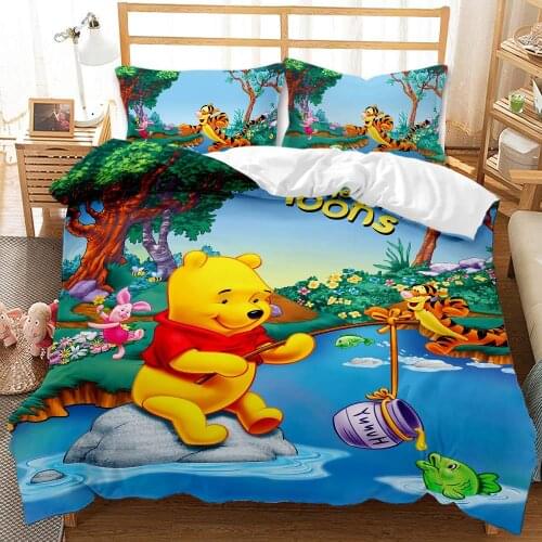 Disney Winnie The Pooh Pattern Bedding Set 3D Cute Duvet Quilt Cover Pillowcase Double Queen Size Childrens Gift Bedroom Decor