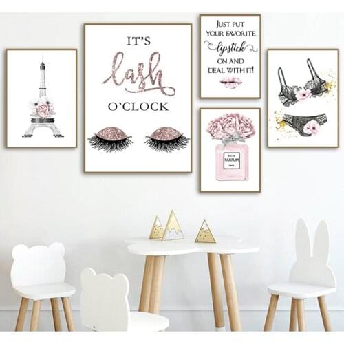 Fashion Wall Art Painting Eiffel Tower Underwear Heels Canvas Poster Print Pink Flower Trendy Picture Beauty Room Decoration