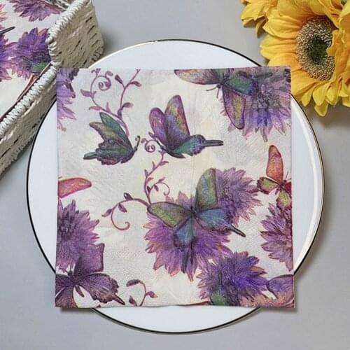 New Hot 20Pcs/Pack Purple Butterfly Floral Decoupage Paper Napkins Flower Paper Tissues for Wedding Party West Restaurant Decor