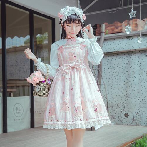 Palace princess daily tea party sweet lolita dress vintage lace bowknot printing high waist victorian dress kawaii girl jsk cos