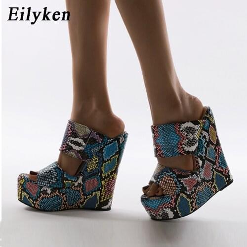 Eilyken Color Snake Print Platform Slides Sexy Peen Toe Outdoor Women Slippers Wedge Heels Gladiator Sandals Femme Shoes