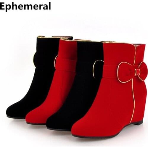 Lady Plus Size 43 Retro Zip Patent Leather Round Toe Patching Velvet Ankle Boots Wedges Square Heels High Heel Pumps Women Shoes