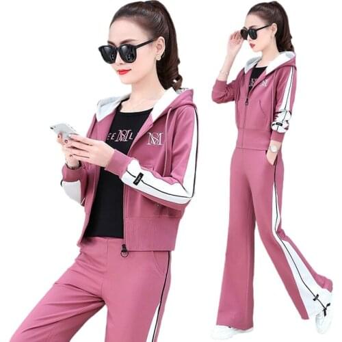 Womens sportswear three-piece suit 2021 spring and autumn new fashion loose flared pants slim casual wear