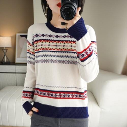 21 Autumn Winter New Round Neck Knitting Long-Sleeved Retro Jacquard Loose Color Matching Pullover Womens 100% Wool Sweater Top