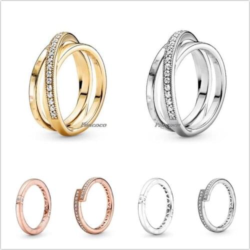 Authentic 925 Sterling Silver Crossover Pave Triple Band Ring For Women Wedding Party Europe Pandora Jewelry