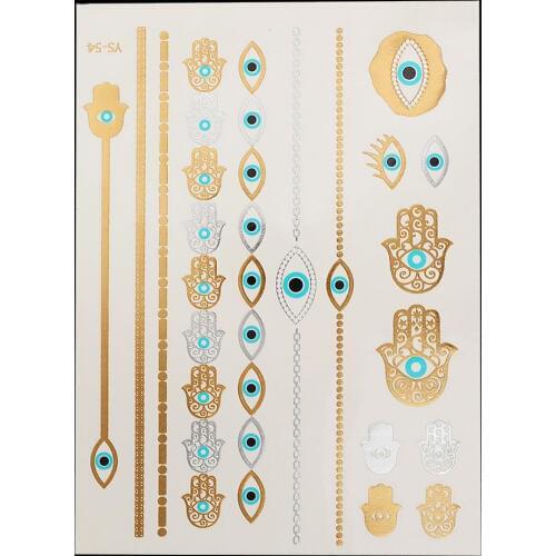 1PC Flash Metallic Waterproof Tattoo Gold Silver Women Henna YS-54 Evil Eye Hand Chain Bracelet Temporary Tattoo Sticker Paster