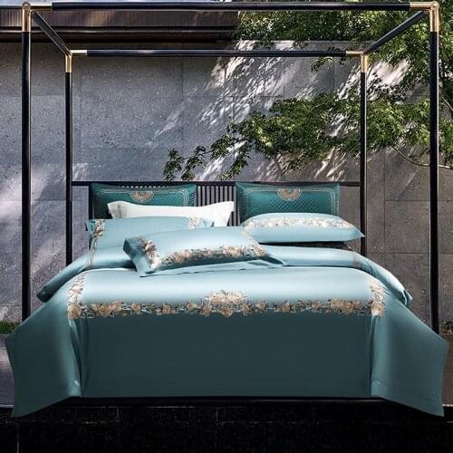 100% Elegant Wildflower Embroidered Duvet Cover Set Queen King 4Pcs Egyptian Cotton Luxury Soft Bedding set Bed Sheet Blue Green
