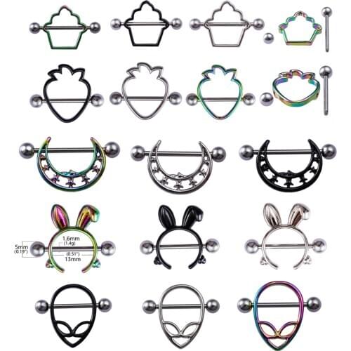 2Pcs Moon And Pineapple 14G Nipple Ring Barbell Piercing Mamilo Sexy Women Breast Shield Steel Fashion Bubby Piercing Jewelry