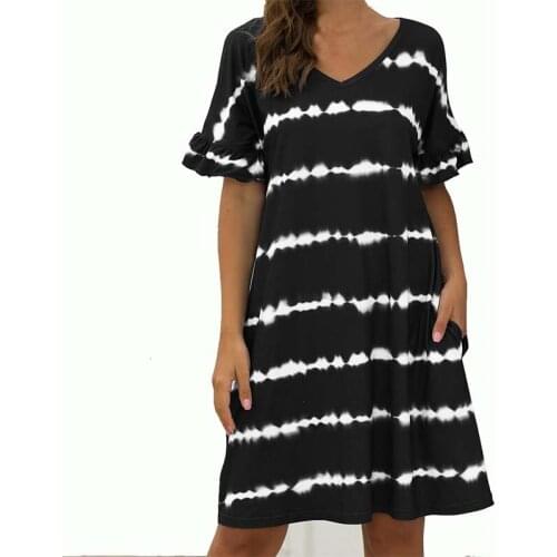2021 Summer Women Printed Short Sleeve Dress Casual Loose Waist V-neck Holiday Party Ladies Mid Length Cake Dress