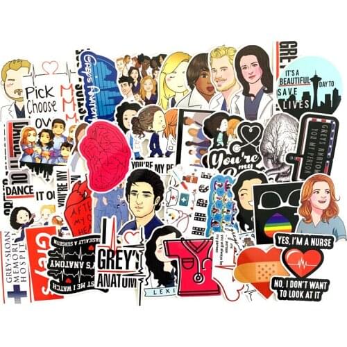 50Pcs TV Show Greys Anatomy Funny PVC Scrapbooking for Luggage Laptop Phone Decals DIY Album Stickers Doctors Gift